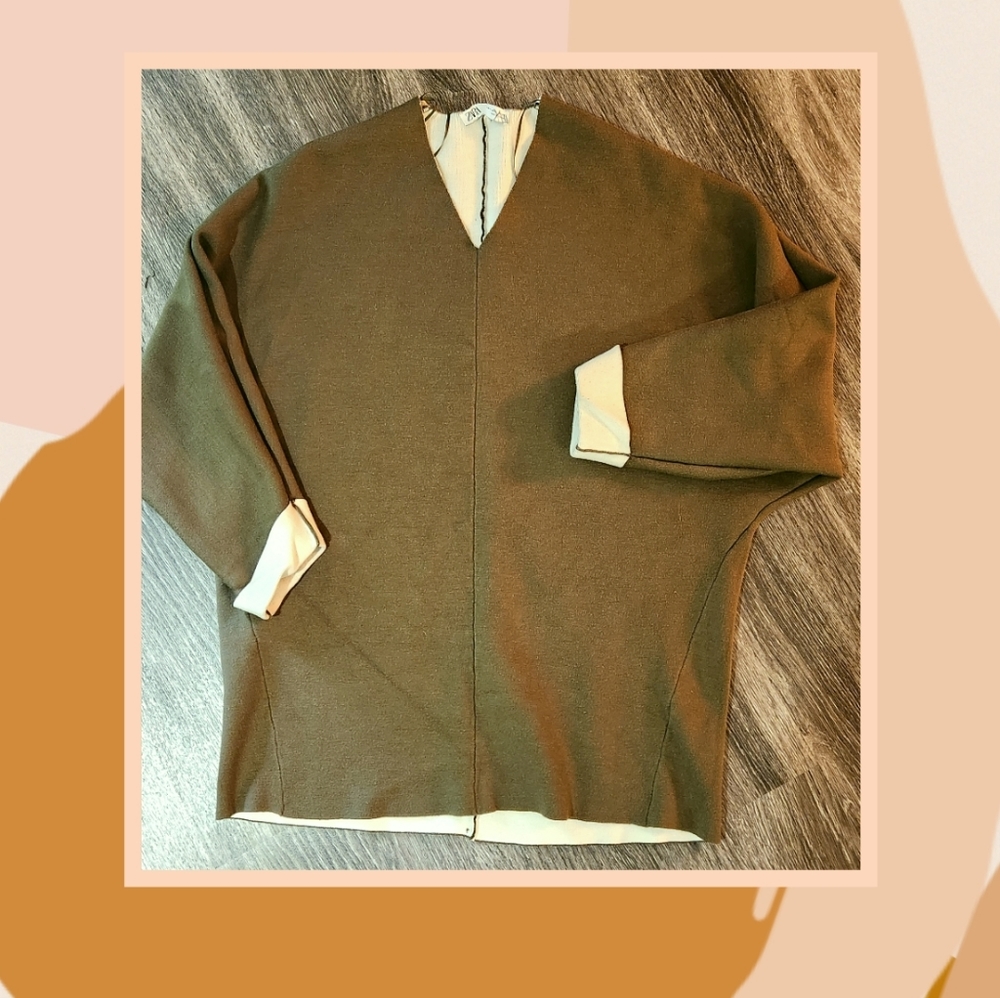 Zara Olive And Cream Dolman Sleeve Sweater Poncho Size Small